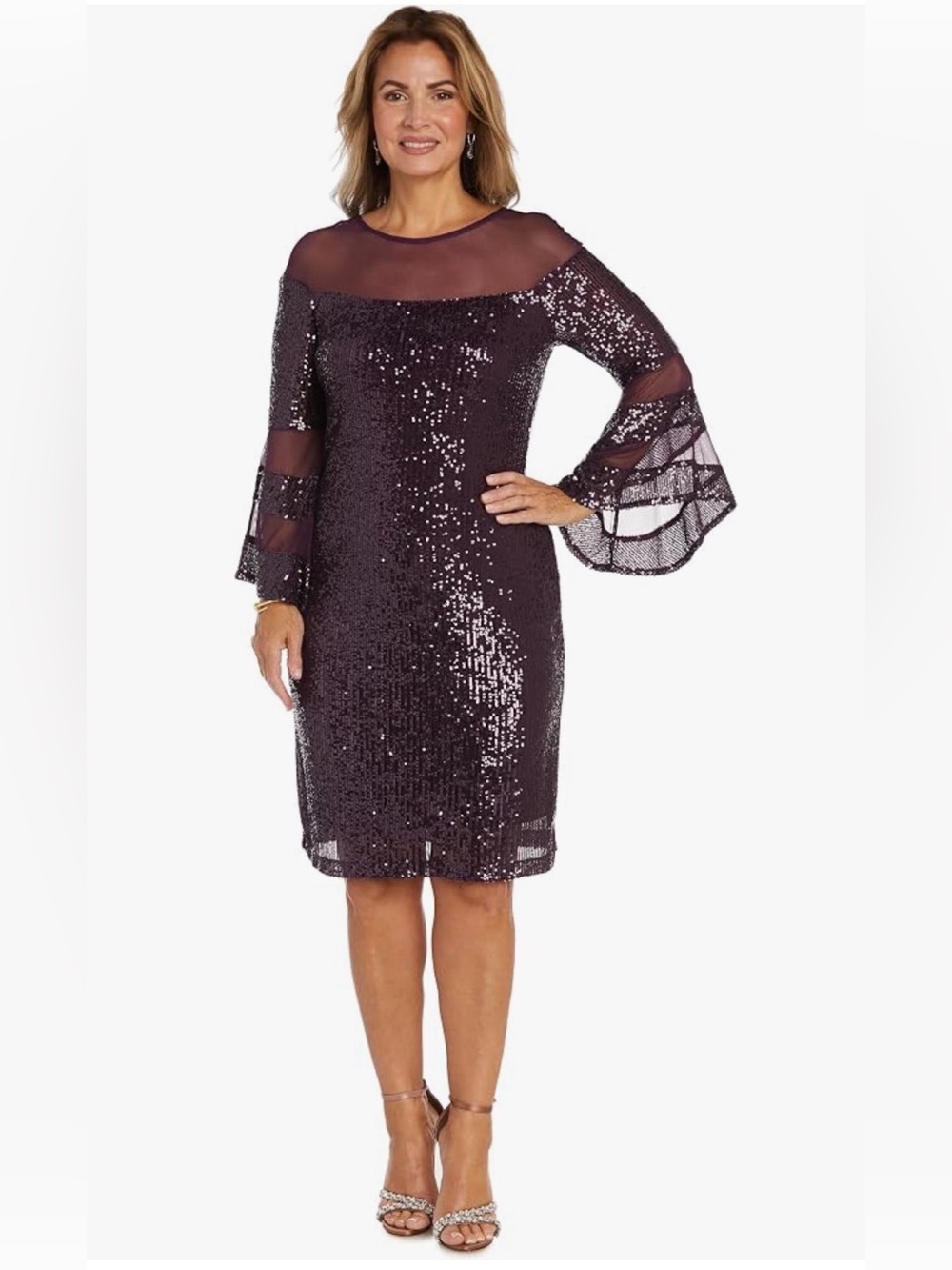 NWT Sheer Sequin Bell-Sleeve Dress in Deep Plum